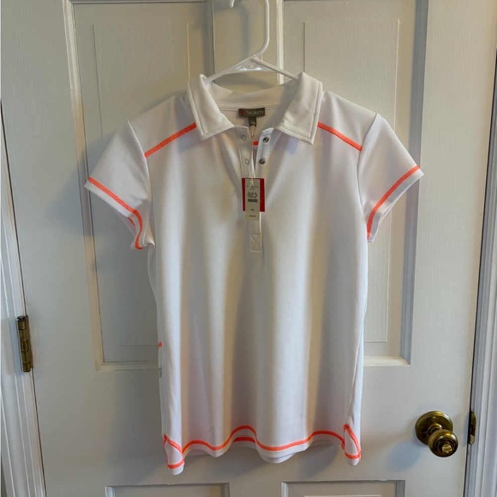 Talbots White Polo Top with Bright Orange Trim